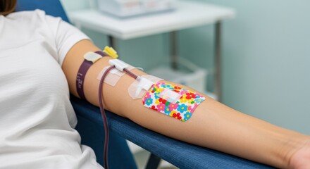 Donor giving blood at a medical facility with a healthcare worker assisting. Voluntary blood donation to save lives and support healthcare services.