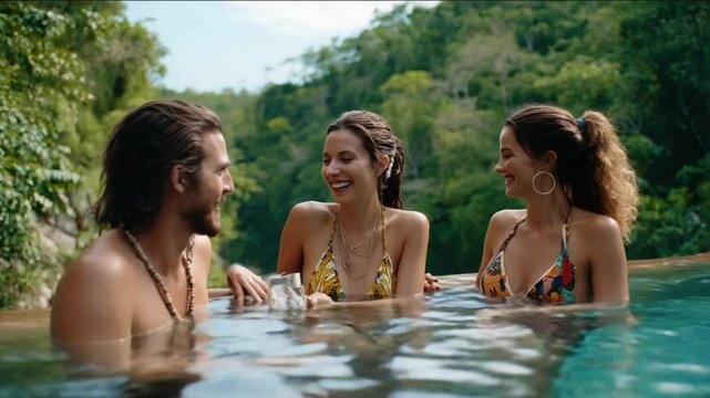 Serene Swim: Three happy individuals relax in an infinity pool, with lush green tropical foliage in the background. Bathed in sunlight, enjoying a day of leisure.