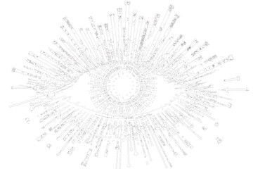 A striking monochrome graphic depicts an eye with a radiating, textured pattern against a solid transparent background.