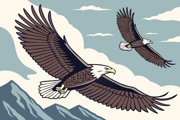 Obraz premium Two bald eagles flying in a cloudy sky over mountains