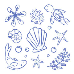Line Art Cute Under the Sea Animals and Ocean Elements Cartoon Illustration