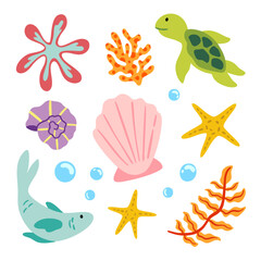 Cute Under the Sea Animals and Ocean Elements Cartoon Illustration