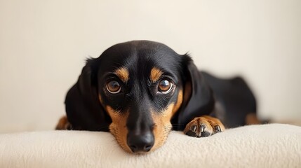 A sweet dachshund with soulful brown eyes rests its head on a cushion against a plain, soft background.