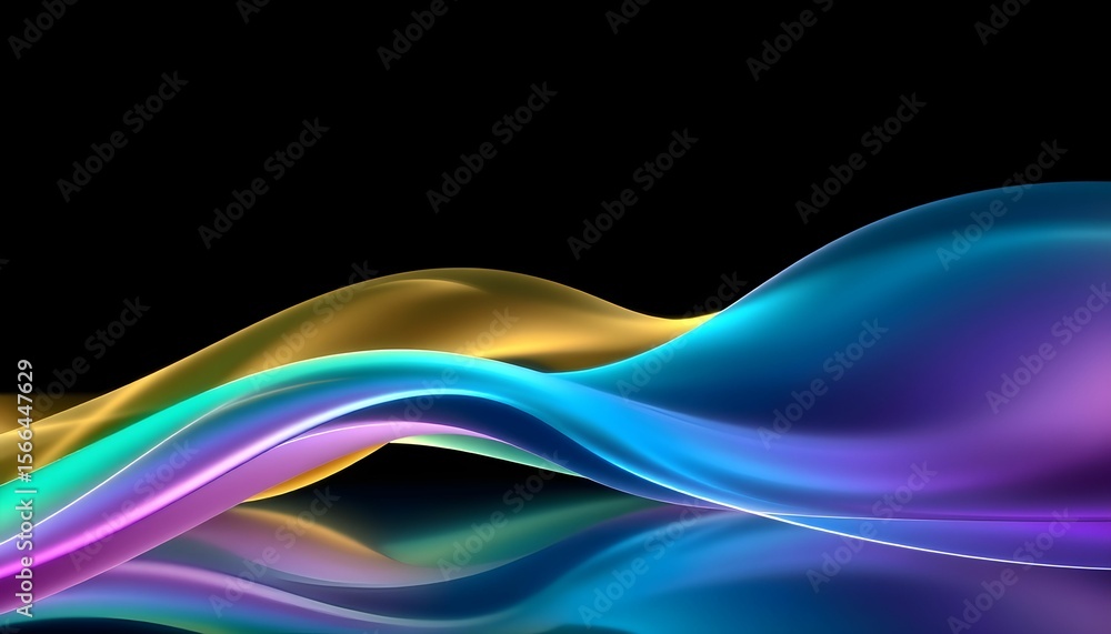 Poster abstract flowing waves of vibrant colors against a black background, creating a dynamic and fluid vi
