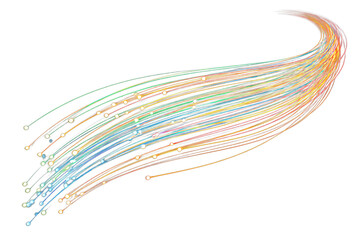 Elegant fiber optic strands glow with multiple colors against a dark backdrop creating a modern and futuristic effect, transparent background