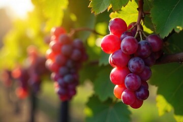 Fototapeta premium Ripe Red Grapes Hanging Heavy on Vine, Bathed in Sunlight, Ready for Harvest. A Vibrant Image of Autumnal Abundance and Natural Beauty.