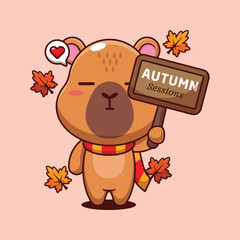 Cute capybara holding autumn sign board in autumn day cartoon vector illustration