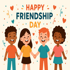 Happy Friendship Day colorful vector template with smiling cartoon friends holding hands, hearts and confetti background