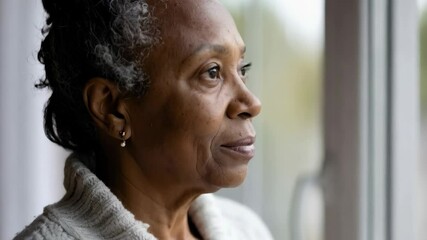 Thoughtful older African American woman looking out the window with a contemplative expression, wearing a cozy knit cardigan sweater. - Powered by Adobe
