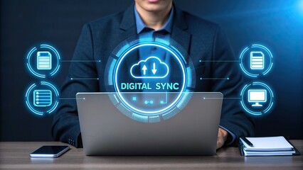 A person in business attire uses a laptop with digital sync cloud technology icons floating in front, symbolizing data synchronization and cloud computing.