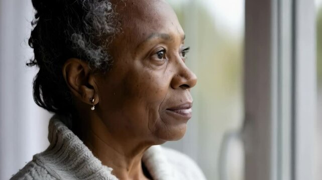 Thoughtful older African American woman looking out the window with a contemplative expression, wearing a cozy knit cardigan sweater.