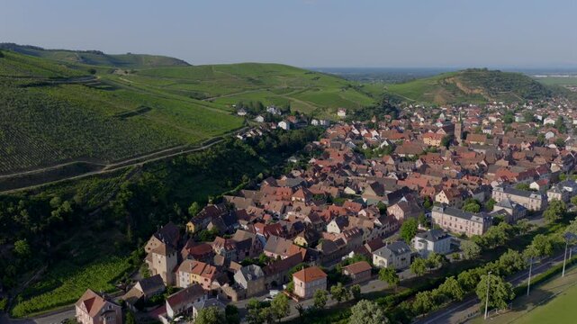Aerial view of Riquewihr Vinyards and Alsacian Village on the Route des Vins in Alsace