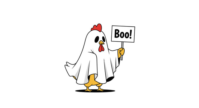 Minimalist vector of a chicken in a ghost costume holding a 'Boo!' text