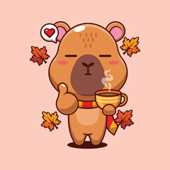 Cute capybara holding holding a cup of coffee in autumn day cartoon vector illustration