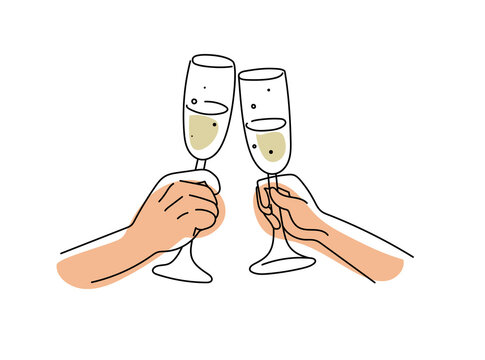 Two hands clinking champagne glasses in a toast, with hearts floating above. Celebration concept for anniversary or Valentine's Day.