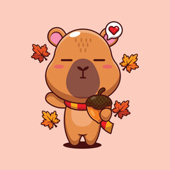 Cute capybara with acorns at autumn season in autumn day cartoon vector illustration