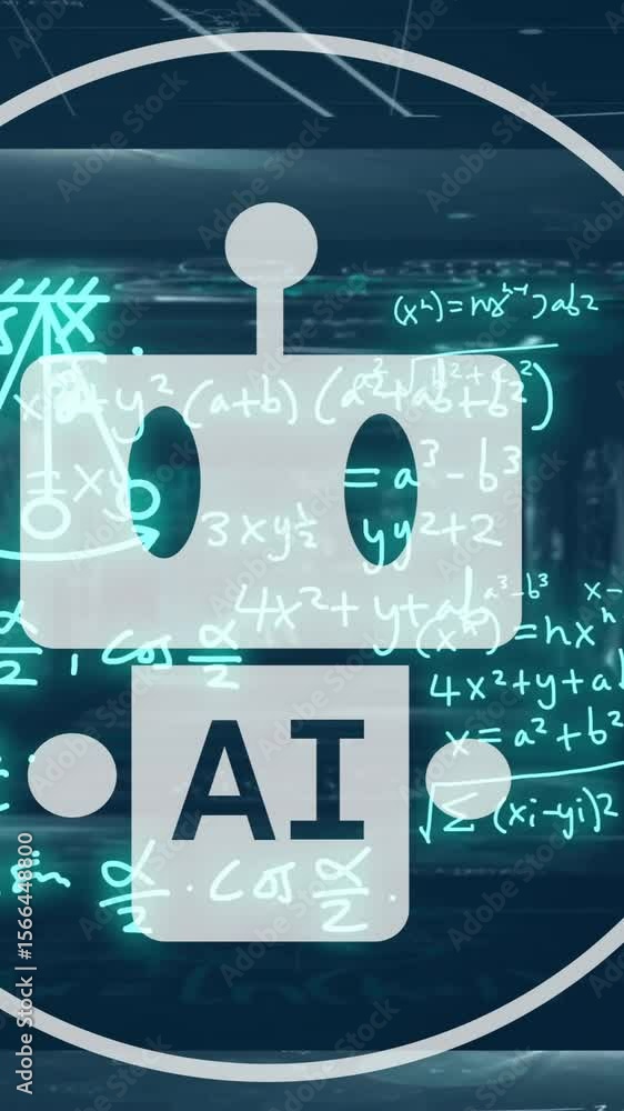 Aufkleber ai robot icon and mathematical equations animation over dark futuristic background