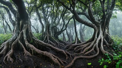 Mystical fog-shrouded forest with massive, exposed tree roots - Powered by Adobe