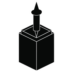 An abstract monument is displayed with a geometrical cube shape in black color