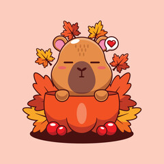 Cute capybara in a pumpkin in autumn cartoon vector illustration