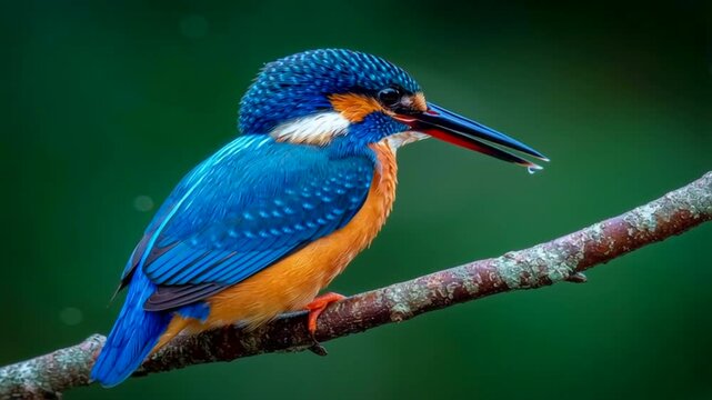 Pajaro mart&iacute;n pescador posado en una rama sobre fondo verde de naturaleza