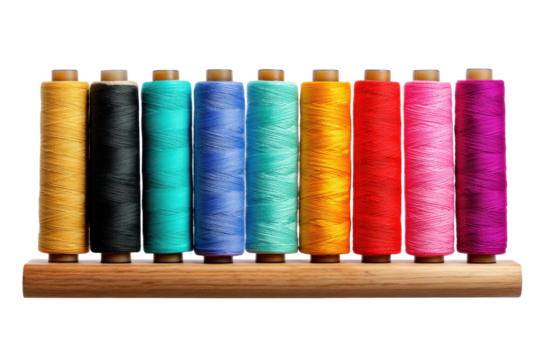 PNG Colorful thread spools on wooden holder in vibrant rainbow hues