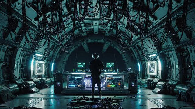 DJ dans salle de contr&ocirc;le futuriste