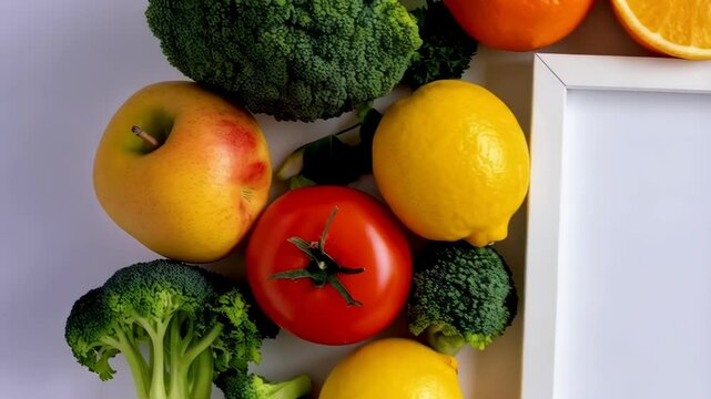 Fresh fruits and vegetables framing a white square space, healthy eating concept with broccoli, tomato, orange, lemon and apple