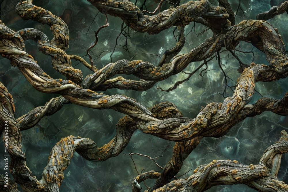 Poster intertwined branches create a captivating organic pattern against a moody backdrop, evoking a sense 