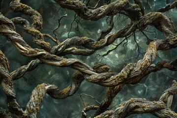 Intertwined branches create a captivating organic pattern against a moody backdrop, evoking a sense of mystery and natural beauty