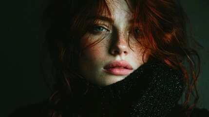 Freckled woman with red hair and blue eyes