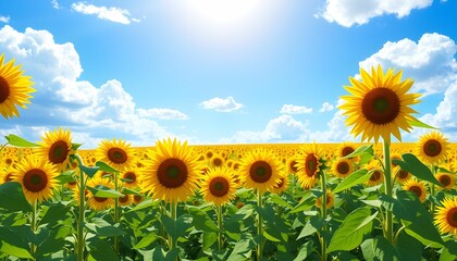 Fototapeta premium A vibrant field of sunflowers basks in bright sunshine, under a blue sky.