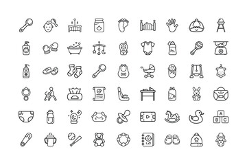 Collection of baby icons in line art style on white