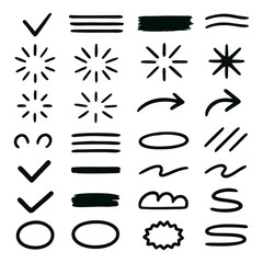 A collection of hand-drawn style graphic elements, including arrows, lines, circles, checkmarks, and starbursts.
