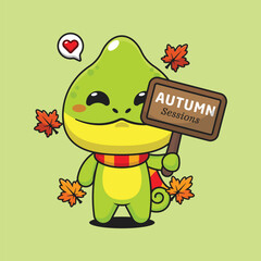 Cute chameleon holding autumn sign board in autumn day cartoon vector illustration