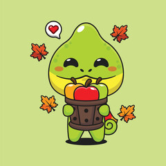Cute chameleon holding a apple in wood bucket in autumn day cartoon vector illustration