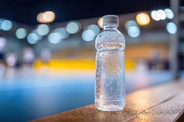 Water bottle with condensation on a wooden surface in a sports facility at nighttime