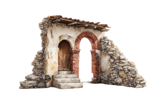PNG Rustic stone and brick archway with weathered wooden door and steps