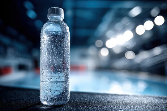Water bottle resting beside a pool reflecting bright lights in an indoor setting