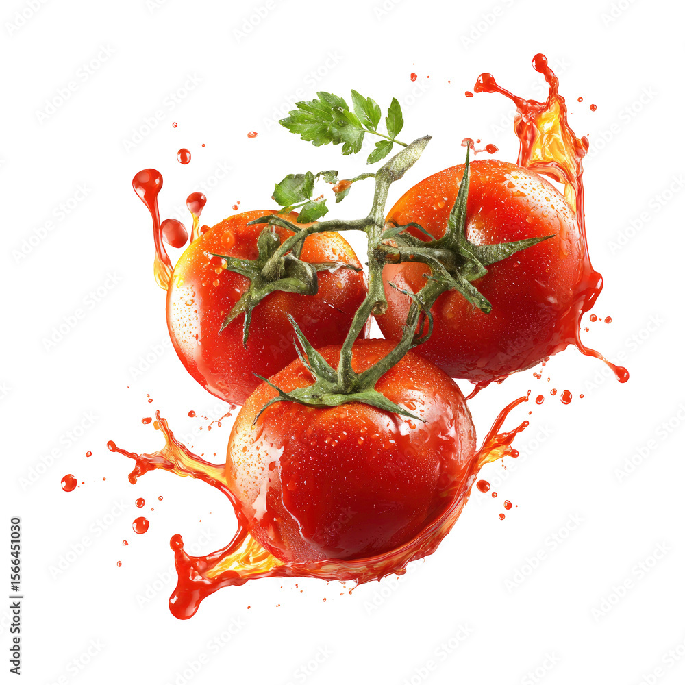 Poster fresh tomatoes on the vine with splashing juice on transparent background