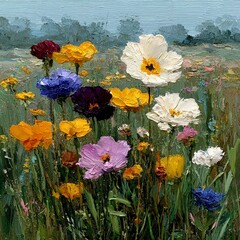 Muted Wildflower Oil Painting, Distant Floral Arrangement on Powder Blue Background, Detailed Textured Brushwork Art Print 