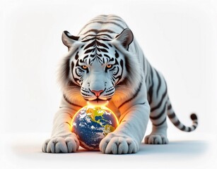 White tiger playing with red glowing globe isolated on white background. Generate AI