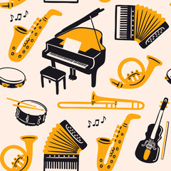 Musical instruments set. Musical school concept. Saxophone, trumpet, drum, flute, waldhorn, French horn, violin, piano, tambourine, accordion. Hand drawn Vector illustration. Seamless Pattern