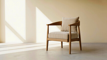 Modern wooden chair sits in a sunlit room