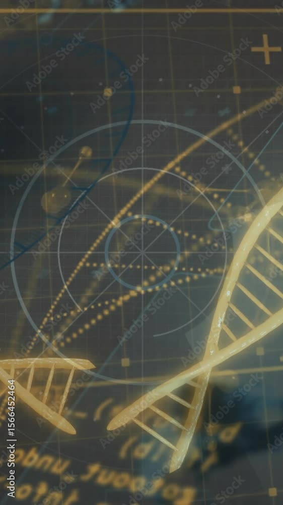 Poster dna strands and mathematical formulas over scientific data processing animation