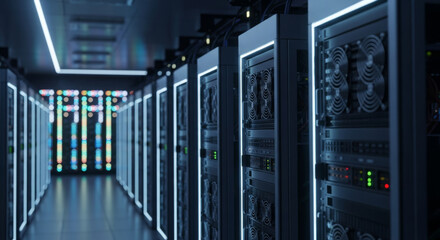 High-tech cryptocurrency mining servers in a futuristic data center environment