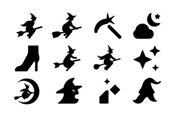 Witch flying on broomstick black color solid fill icon collection