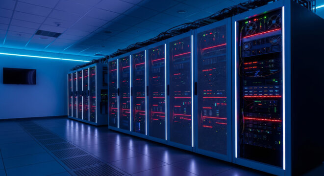 Red-lit bitcoin mining servers in a modern crypto data center