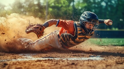 Baseball catcher diving for a ball