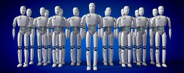 Many humanoid robots - 3D illustration